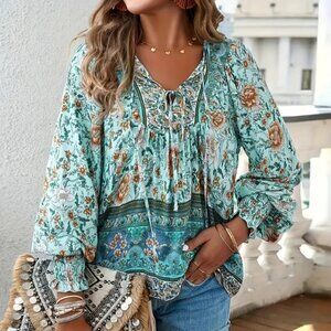 NWOT Floral Lantern Long Sleeve V-Neck Blouse-Tie Detail Top for Fall Size L